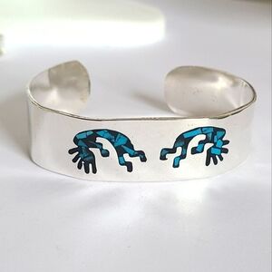 Vintage Boho Native Alpaca Silver Metal Blue Turquoise Inlay Open Cuff Bracelet